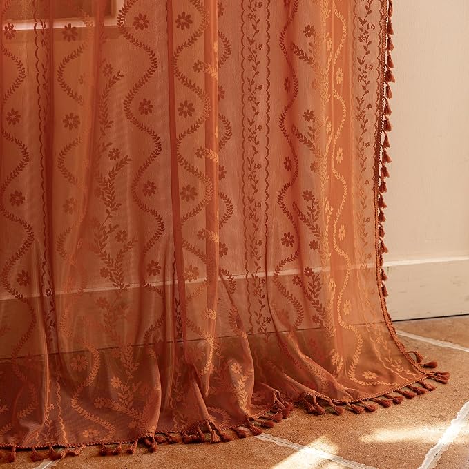WAZZIO Boho Lace Curtains 90 Inch 2 Panels-Vintage Sheer Panel Drape Floral - Image 7
