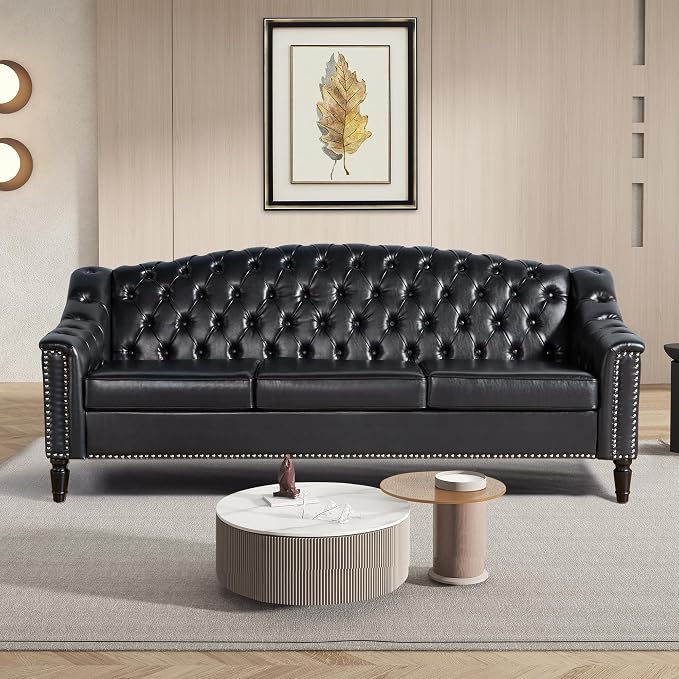 LEVNARY Mid-Century Modern Leather Couch, Chesterfield Sofa Sleeper Settee by LEVNARY