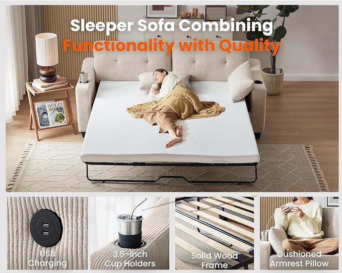 Queen Size Pull Out Sleeper Sofa Bed, 2-in-1 Convertible Corduroy Pull Out - Image 5