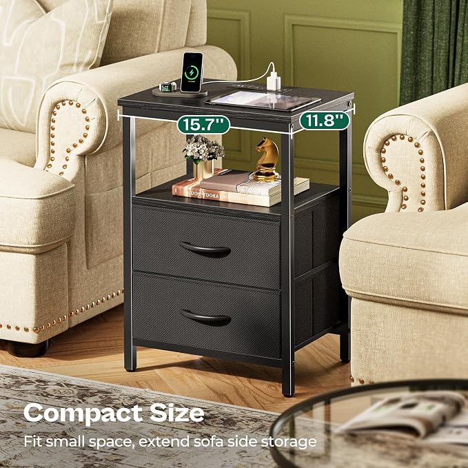 Huuger Night Stand with Charger Station and LED Lights, 2 Drawer Nightstand - Image 8
