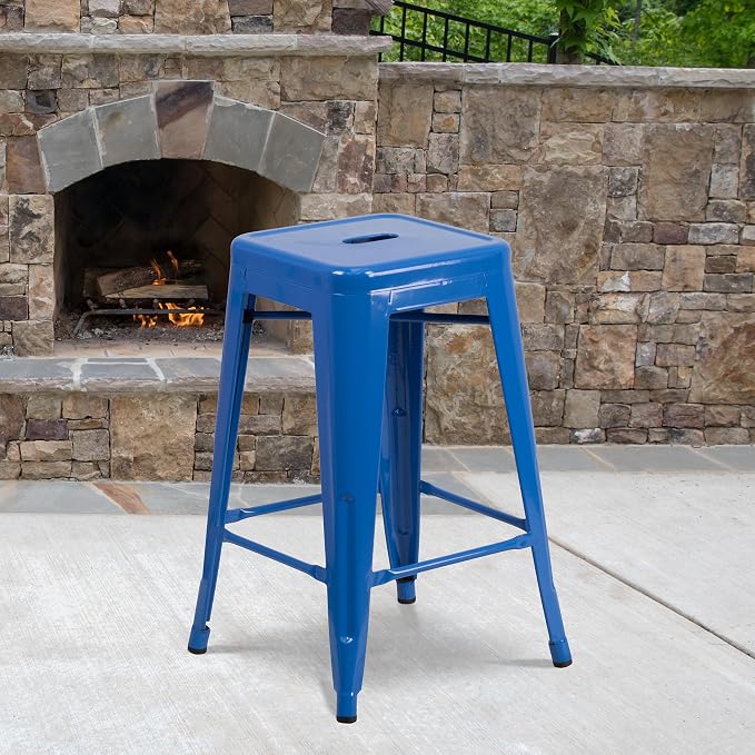 Flash Furniture Lily 4 Pack Commercial Grade 24" High Backless Blue Metal - Image 2