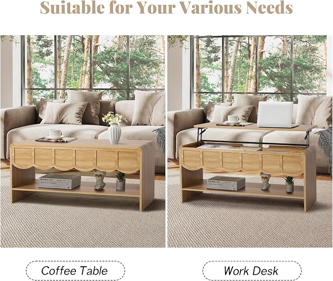 Lift Top Coffee Table with Hidden Compartment, 2 Tier Wooden Center Table with - Image 5