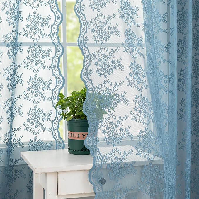 YJ YANJUN Vintage Lace Curtains 72 Inches Long 2 Panels Antique Boho Slate Blue - Image 2