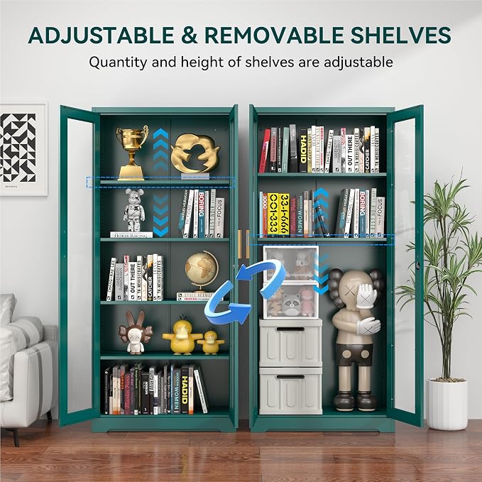 Polup Curio Cabinets with Glass Doors, Tall Bookcase with Adjustable Shelves - Image 6