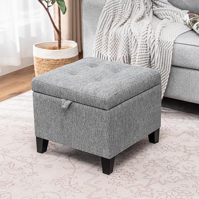 Adeco 18-Inch Cube Storage Ottoman, Upholstered Linen Footrest Stool - Image 2