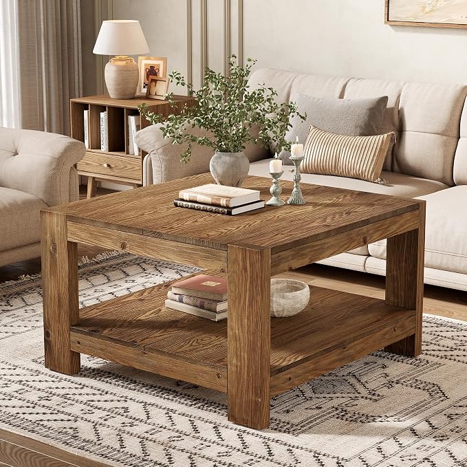 Solid Wood Coffee Table, 31.5" Square Farmhouse Center Table - Image 4