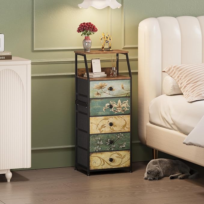 Tohomeor Nightstand with Fabric Drawers Dresser with 2 Tier Shelf Storage Tower - Image 2