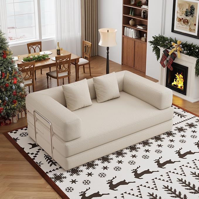 4-in-1 Foldable Sofa Bed Teddy Fabric Foam-Filled Compressed Couch, Beds Queen by BSHOMGI