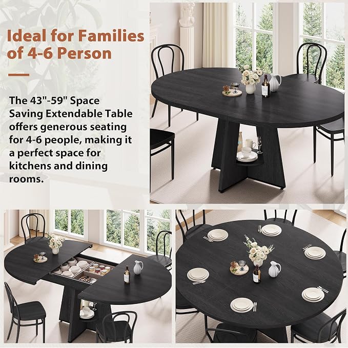 43''–59'' Extendable Dining Table, Round Kitchen Dining Room Dinner Table - Image 8