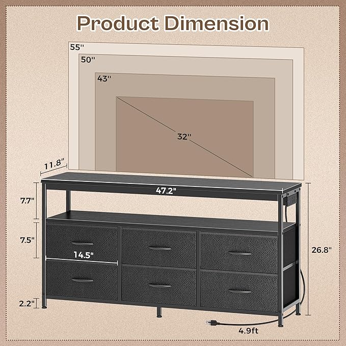 Huuger LED TV Stand for Bedroom, 47 Inch Dresser TV Stand for 43, 55 Inch TV - Image 2