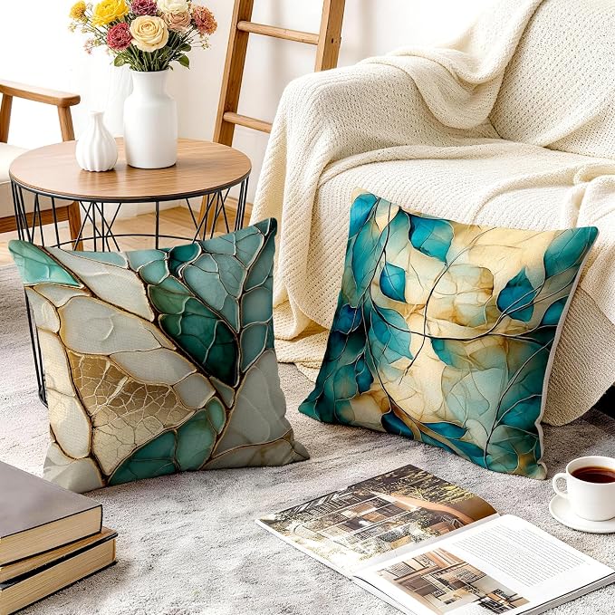 OBSEDE Teal and Gold Leaf Decorative Throw Pillow Covers 18x18 Set of 4 - Image 6