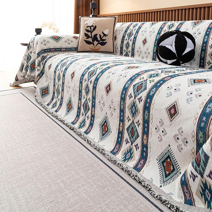 VClife Bohemian Couch Cover, Vintage Moroccan Tribal Geometric Chenille Couch - Image 4