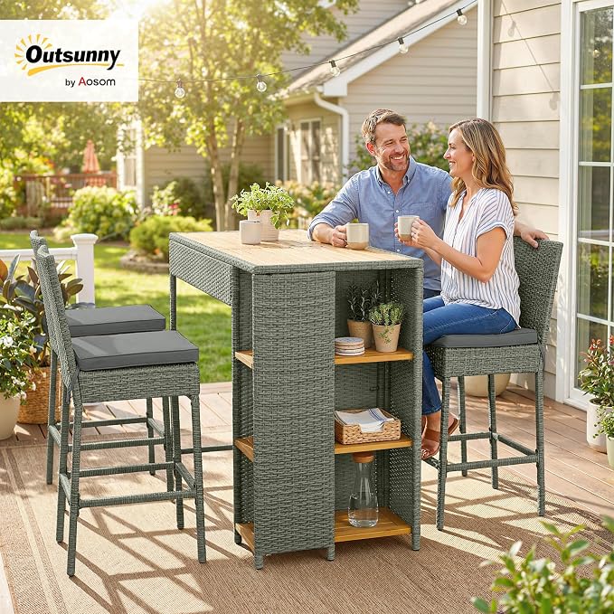 Outsunny 5 Piece Outdoor Bar Set, Wicker Outdoor High Top Table and Chairs - Image 2