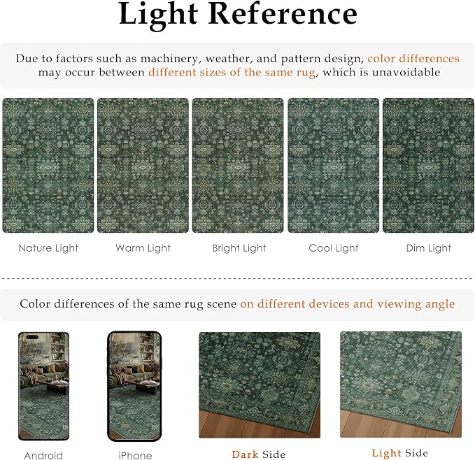 8x10 Washable Area Rug for Living Room Bedroom Vintage Green Non Slip Carpet - Image 7