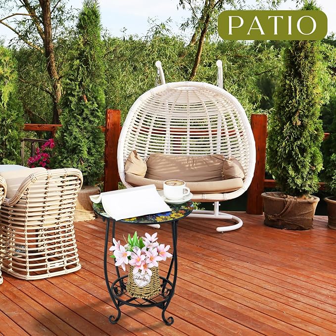 Cinnvoice Outdoor Side Table Round Small Mosaic Patio Accent Indoor End Plant - Image 4