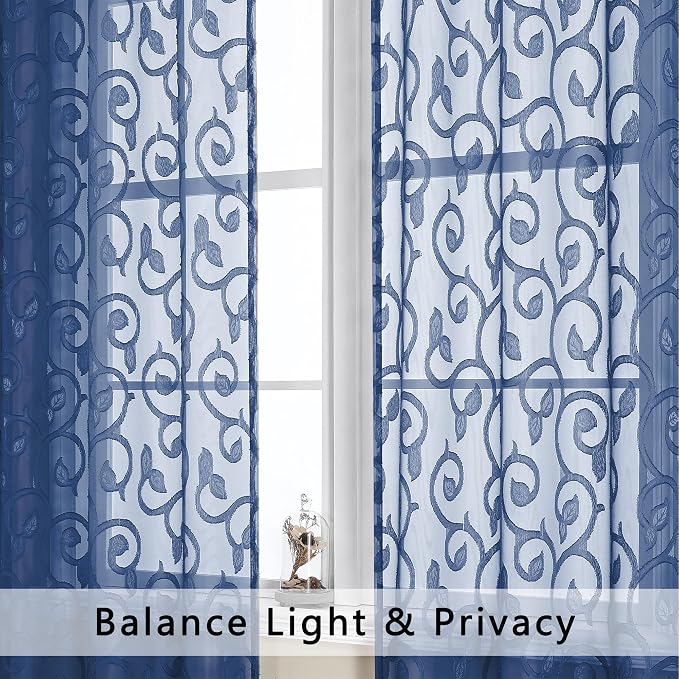 OWENIE Furman Blue Sheer Curtains 45 Inch Length 2 Panels Set - Image 3