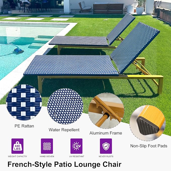 PURPLE LEAF Patio Chaise Lounge French Outdoor Lounger 2 Pieces Wood-Grain - Image 4