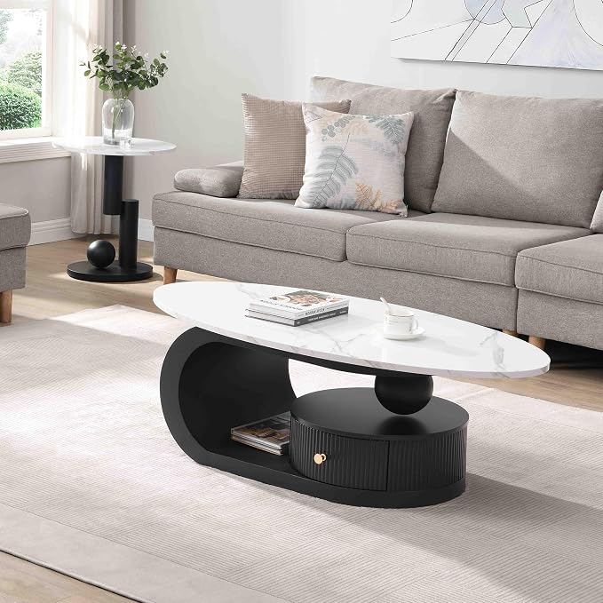 Modern Oval Coffee Table Set of 2, Faux Marble Coffee Table and Round End Table - Image 3