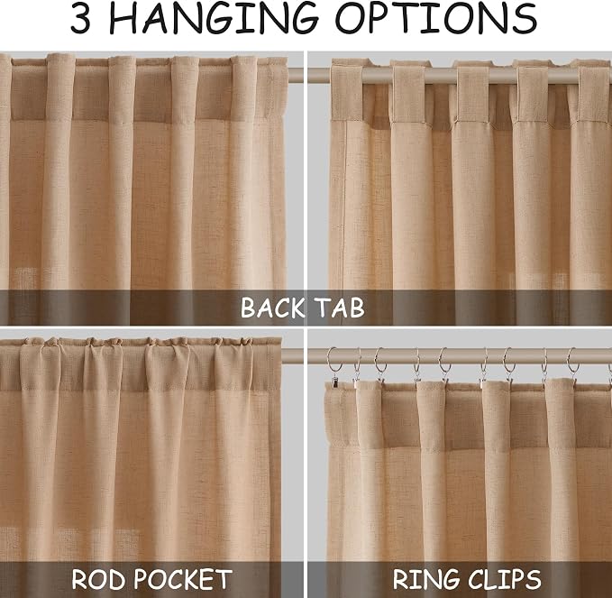 Extra Long Camel Linen Curtain 108 Inches Long 2 Panels Set Back Tab Drapes - Image 2