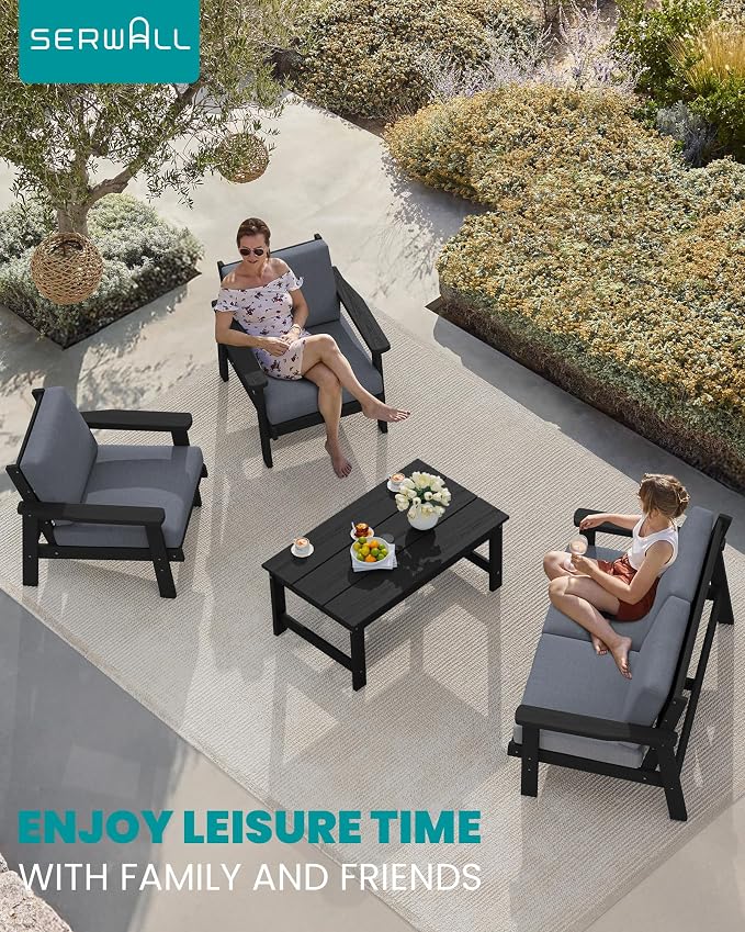 SERWALL HDPE Patio Furniture Set, 5 Piece All Weather Wood-Like Sectional - Image 2