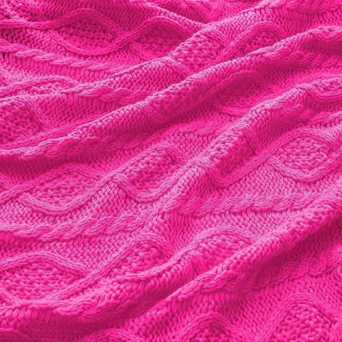 Homiest Hot Pink Cable Knit Throw Blanket Set of 3, Soft & Cozy Acrylic Blanket - Image 6