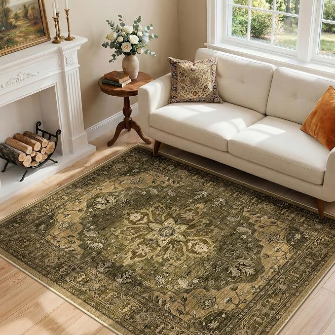 RELEANY Area Rugs 4'x6' Washable Non-Slip, Floral Vintage Distress Print by RELEANY