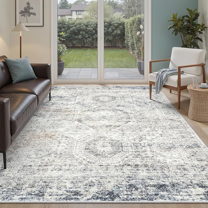 5x7 Area Rugs Blue Ivory Low Pile Indoor Washable Trendy Faded Style Rugs by Soalmost