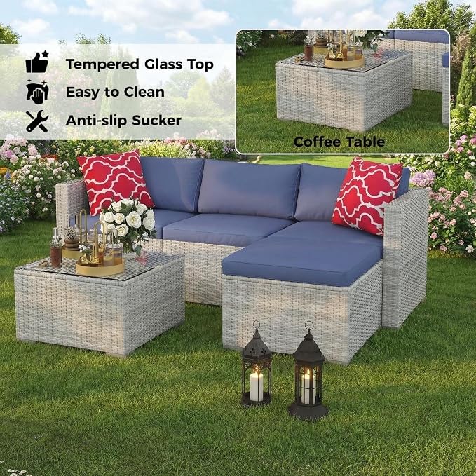5-Piece L-Shaped Outdoor Patio Furniture Set, PE Wicker Sectional Sofa Set - Image 5