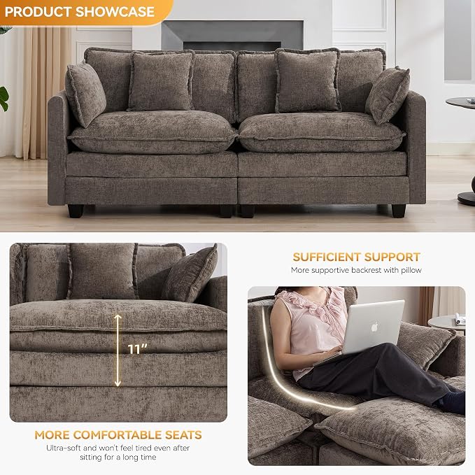 76″ Cloud Deep Seat Loveseat, Upholstered Chenille Modular 2-Seat Sectional - Image 3