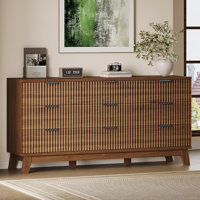 BORNOON 63" Long Dresser for Bedroom, 9-Drawer Fluted Dresser, Extra-Wide Wood by BORNOON