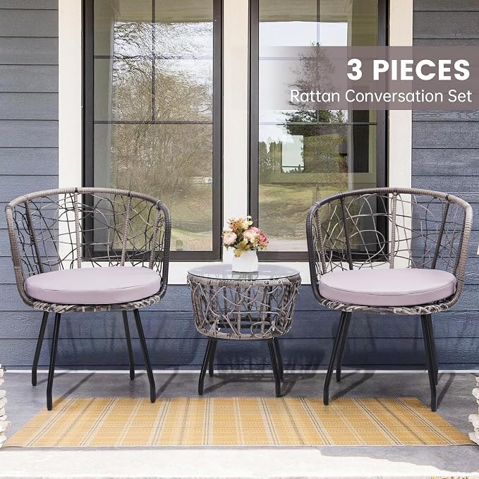 Kromax 3 Piece Bistro Set, Modern Outdoor Wicker Patio Furniture - Image 2