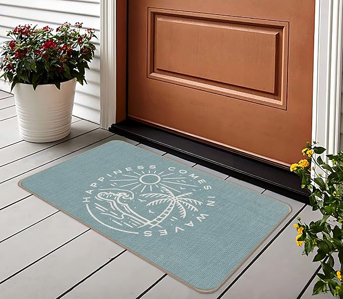 Summer Beach House Happiness Comes in Waves Blue Rustic Door Mat Doormat - Image 2