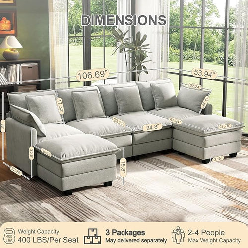 107" Cloud Couch Sectional, U Shaped Modular Sectional Sofa, 4-Seat Deep Seat - Image 2