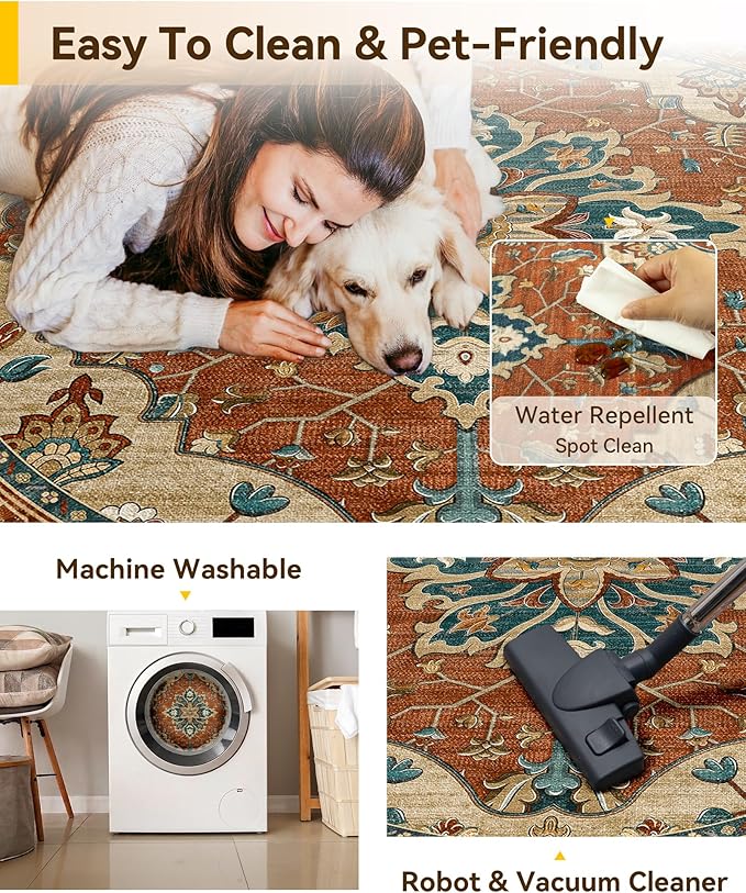 RELEANY Area Rugs Round 7ft Washable Non-Slip, Floral Vintage Distress Print - Image 4