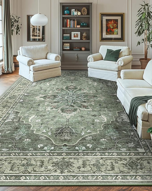Area Rugs 10'x14' Washable Non-Slip, Floral Vintage Distress Print Pattern - Image 2