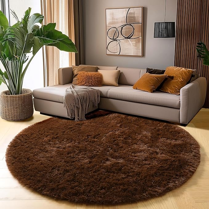 Amdrebio Dark Brown Rug 4Ft for Bedroom, Round Fluffy Shag Plush Area Rugs for - Image 8