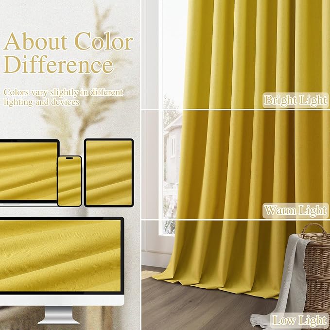Guken Celery Yellow 100% Blackout Linen Curtains 102 Inch Length 2 Panels Set - Image 7