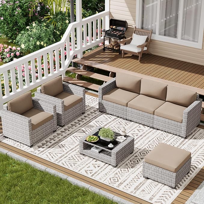 LOUVIXA 7 Piece Outdoor Patio Furniture Set, Rattan Chairs Glass Table Wicker - Image 8