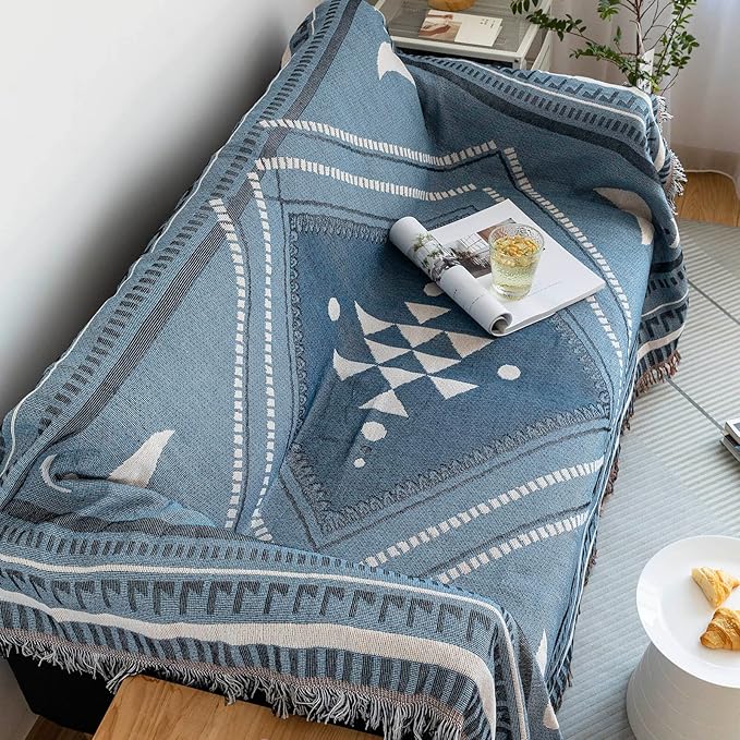 VClife Boho Sofa Couch Cover White Blue Plaid Stripe Couch Cover - Image 7