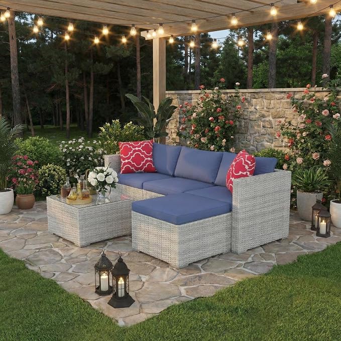 5-Piece L-Shaped Outdoor Patio Furniture Set, PE Wicker Sectional Sofa Set - Image 3