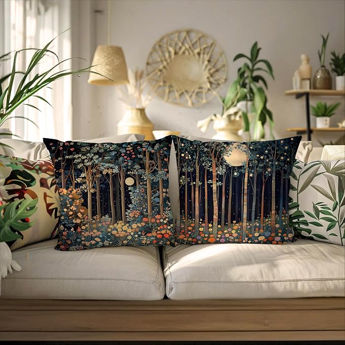 Vintage William Morris Moon Inspired Forest Decor Throw Pillow Covers 18x18 Set - Image 4