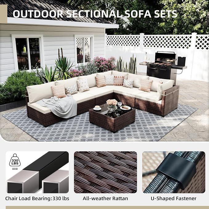 UPHA 7 Pieces Patio Furniture Sets, Wicker Outdoor Sectional Sofa Couch - Image 3