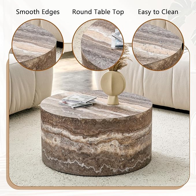 Round Coffee Table, 23.6" Modern Grey Faux Marble Drum Coffee Table, Round - Image 5