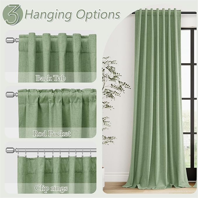 Guken Light Sage 100% Blackout Linen Curtains 90 Inch Length 2 Panels Set - Image 6