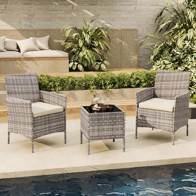 3-Piece Outdoor Furniture Set, PE Rattan Wicker Chairs by Unknown