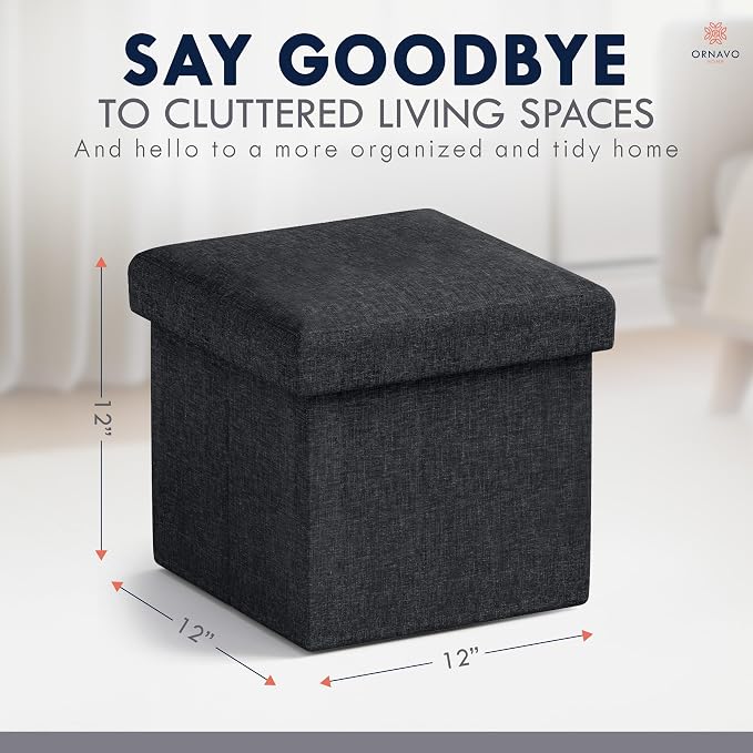 Ornavo Home Small Storage Ottoman Foldable Collapsible Cube Square Linen - Image 2