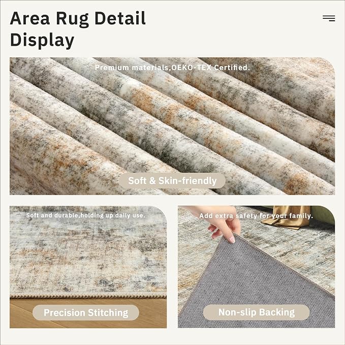 Abstract Rug 8x10 Large Living Room Rugs Neutral Modern Washable Area Rugs - Image 6