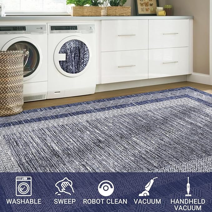 GarveeHome 9x12 Large Modern Navy Blue Area Rug Distressed Bordered Soft Non - Image 6