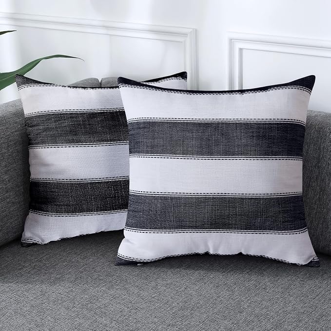 AmHoo Pack of 2 Farmhouse Stripe Check Throw Pillow Covers Set Case Cotton by AmHootextile