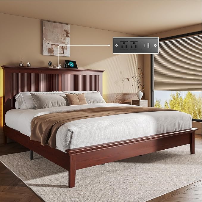 Lifezone King Bed Frame with Headboard, Solid Wood Bed Frame King Size with by Lifezone